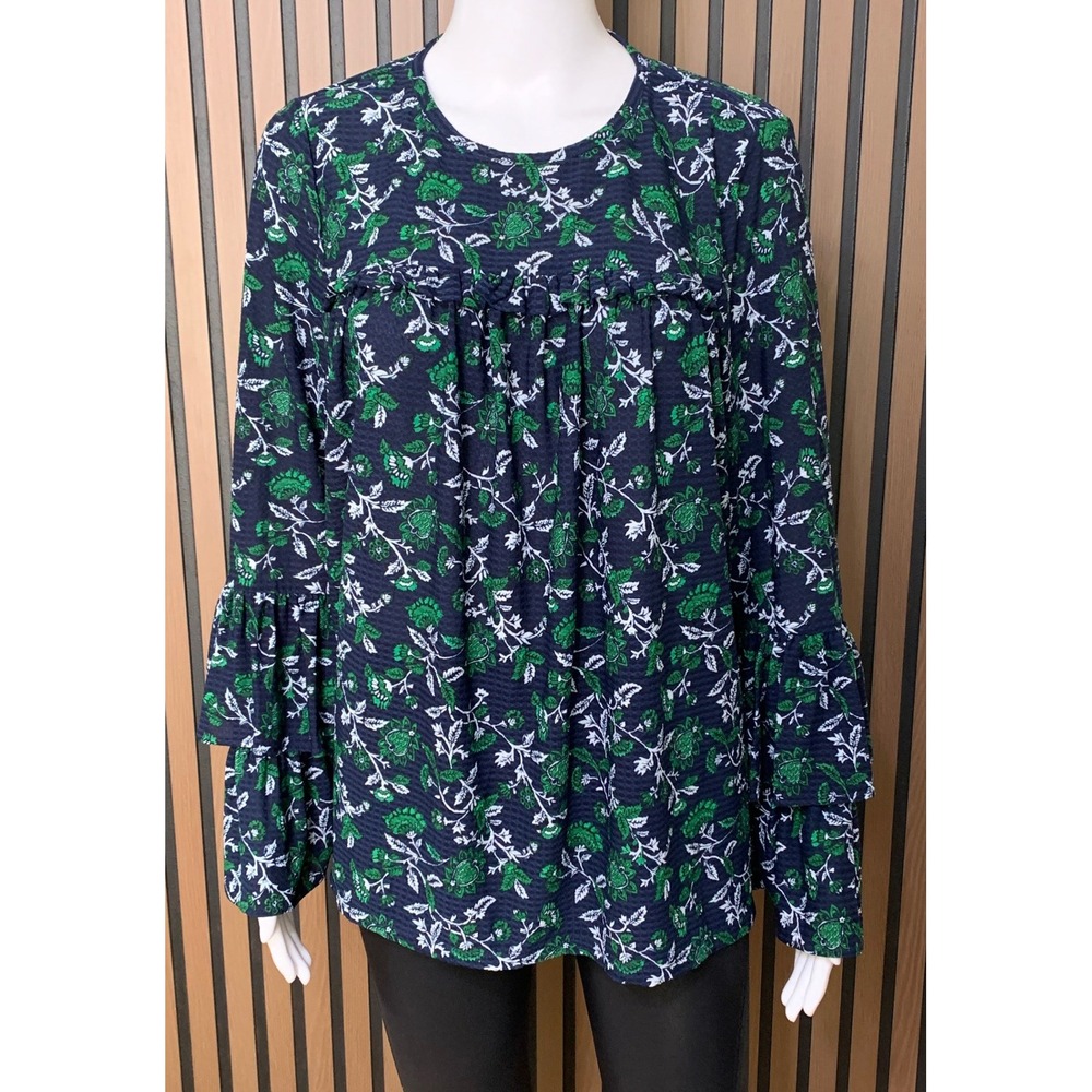 Michael Kors Women's Navy Green Floral Tiered Bell Sleeve Ruffle Blouse M